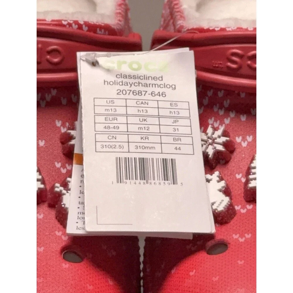 Crocs Classic Fur Lined Holiday Christmas Charm Clog Slippers Red M 13 NWT